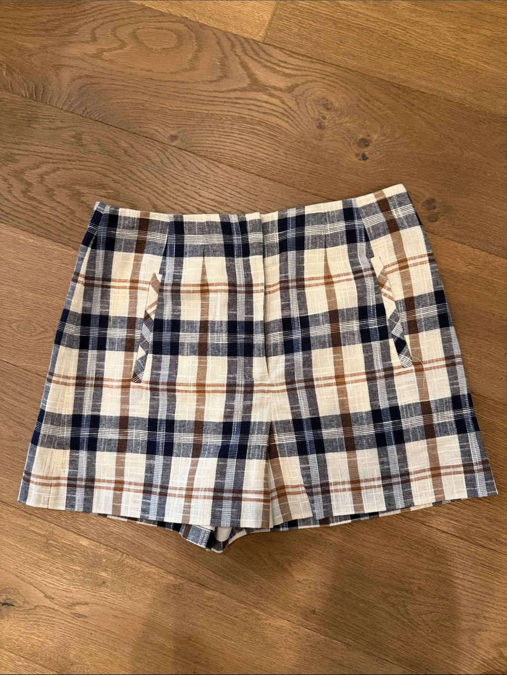 Veronica Beard Plaid High-Waist Shorts in Navy, Brown & Cream